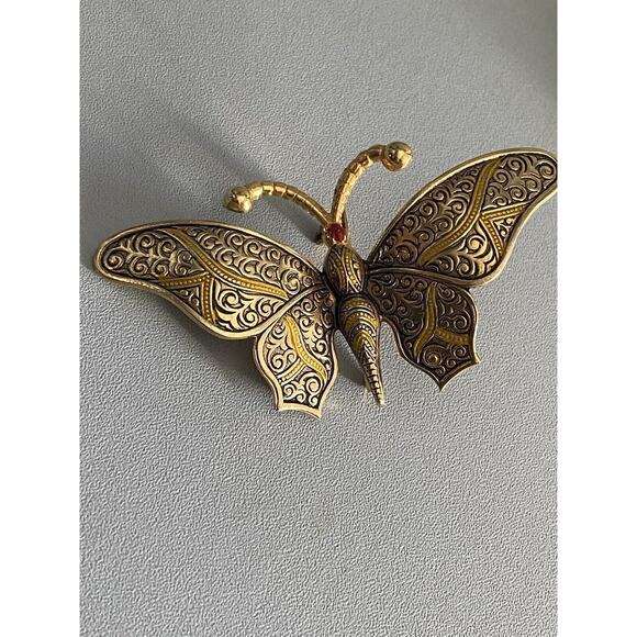 Spain Damascene Butterfly Brooch Signed Gold Tone Yellow Enamel Pin Red Head - Picture 6 of 11